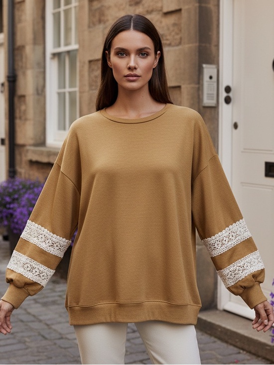 7th Ray Tops - 7th Ray Mustard Lace Sleeve Sweatshirt